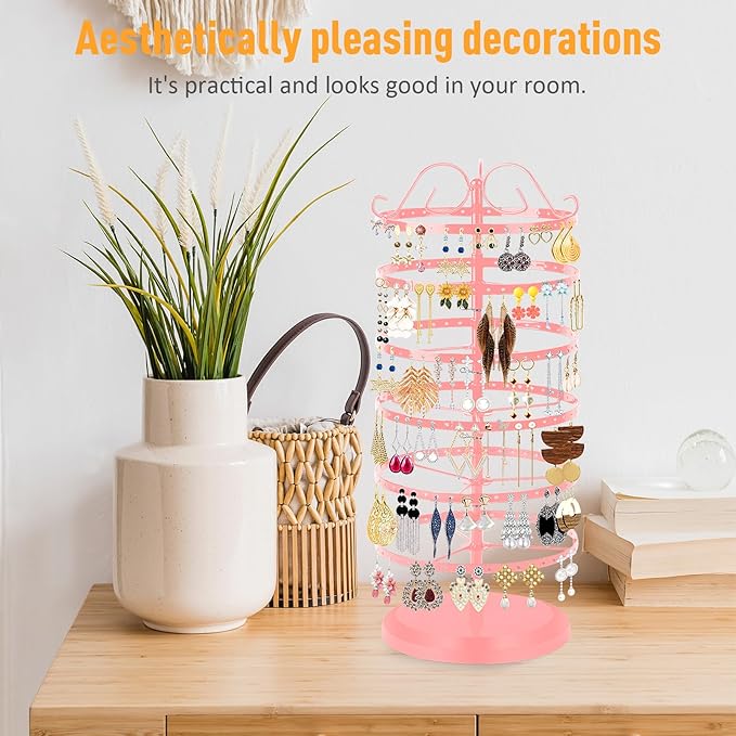 6 Tier Rotating Jewelry Organizer Stand, 230 Holes Earring Holder Organizer for Women Girls, Spinning Earring Tree with Ring Holder, Wide Base for Bracelets Watches Lipstick