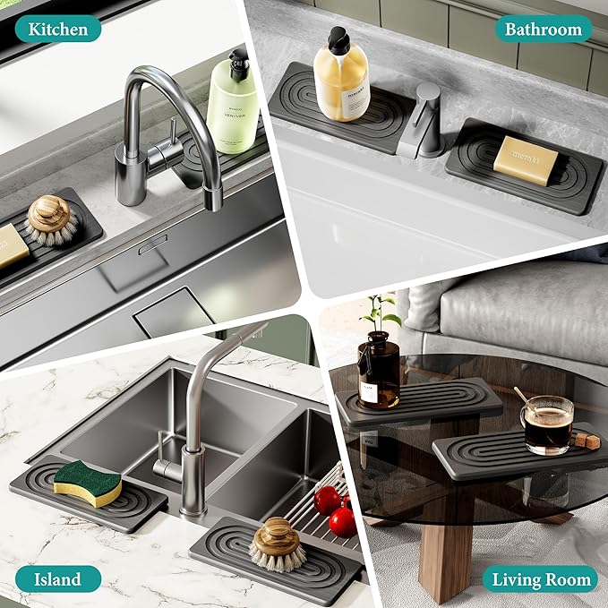 Water Absorbing Stone Tray for Sink, Quick Drying Diatomite Bathroom Tray Countertop, Stone Drying Mat for Kitchen Counter Faucet, Soap Dish Dispenser Vanity Organizer, Dark Grey-A-8.3" x 4"