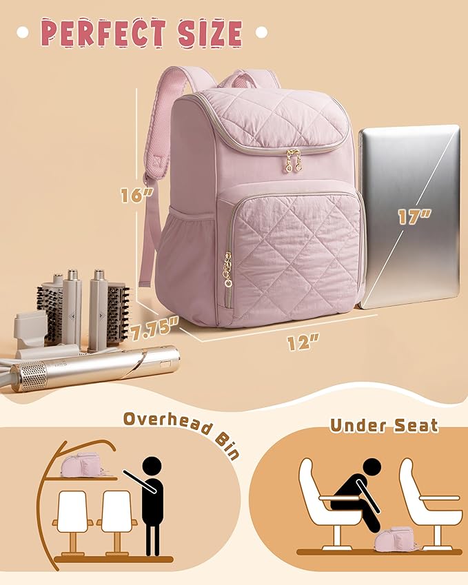 Insulated Hairstylist Travel Bag Backpack with Detachable Dividers and Multiple Pockets, Quilted Hair Tool Travel Bag with Multiple Pockets for Hairstylist and Barber, Pink