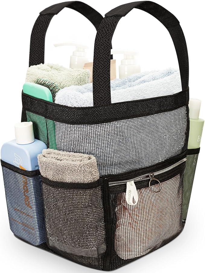 DV Lifestyle Mesh Shower Caddy Dorm, 7 Pockets & 1 with Zipper, Shower Tote with Padded Handles, Travel Portable, Shower Caddy College Room Essentials, Bathroom Shower Bag (Black)