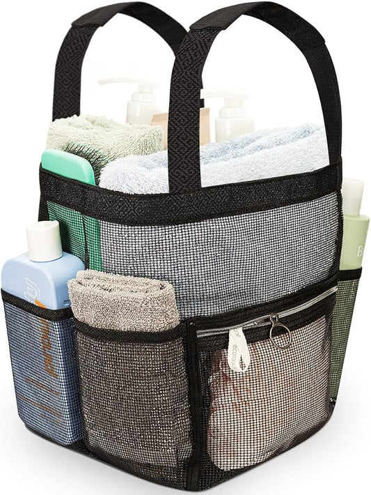 DV Lifestyle Mesh Shower Caddy Dorm, 7 Pockets & 1 with Zipper, Shower Tote with Padded Handles, Travel Portable, Shower Caddy College Room Essentials, Bathroom Shower Bag (Black)