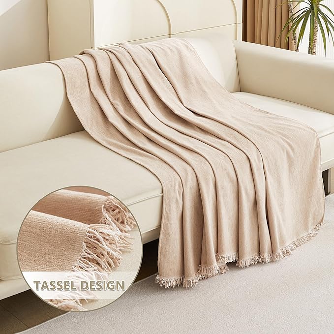 MYSKY HOME Couch Cover 3 Cushion Sofa With Tassel Chenille Slipcover for Sectional L Shaped Furniture, Dogs Protector, 71" X150", Khaki