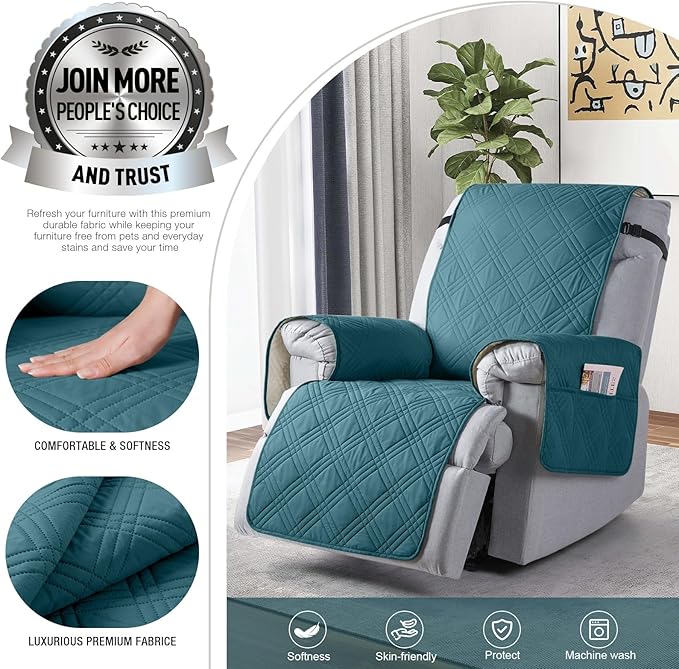 TAOCOCO Waterproof Recliner Chair Covers 30 Inch Wide, Oversized Recliner Covers for Recliner Chair with Pocket, Recliner Slipcovers with Straps Furniture Protector for Kids Pets (30'', Peacock Blue)