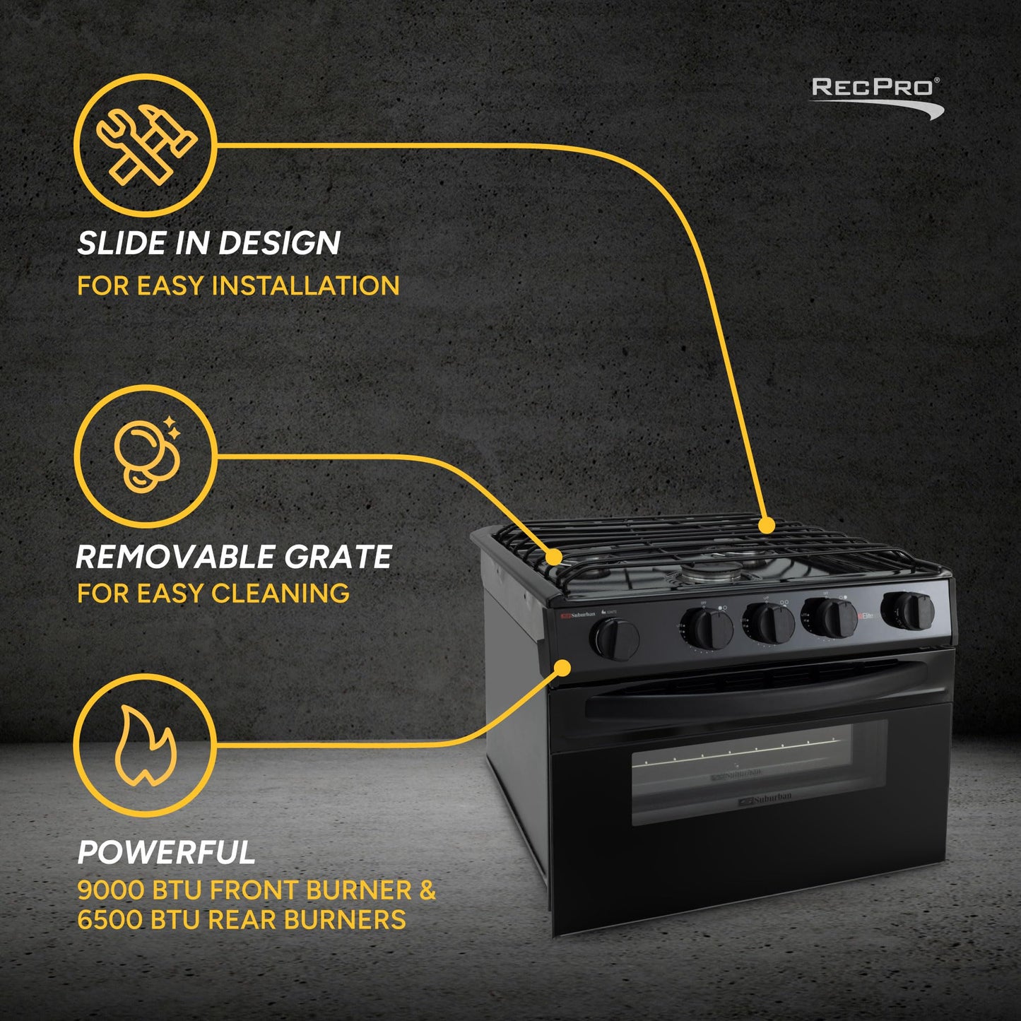 RecPro Suburban RV 17" Black 3 Burner Propane Range with Gas Oven | 9000 BTU Front Burner | Dual 6500 BTU Rear Burners | Piezo Ignition | Compact Built-In Range for RVs and Campers