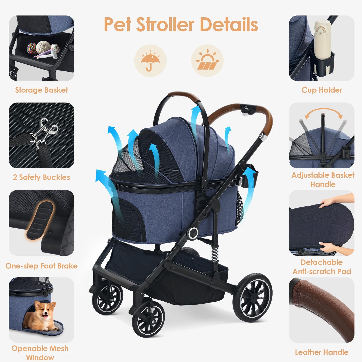 TODEFULL Pet Stroller with 4 Wheels, 3 in 1 Folding Puppy Strollers for Small/Medium Dogs Cats up to 50lbs, Lightweight Pet Travel Carrier with Detachable Cushion, Storage Basket and Cup Holder, Blue