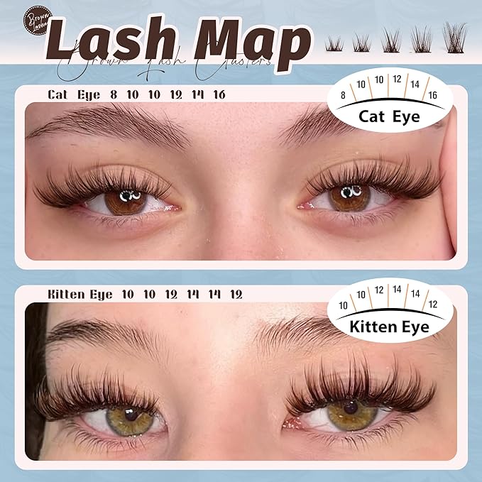 Brown Cluster Lashes Fairy Eyelash Clusters Natural Lash Extensions Wispy 3D Cluster Eyelash Extensions DIY Lash Extensions Soft Dark Brown Individual Eyelashes CC-Curly 8-16MM 144PCS