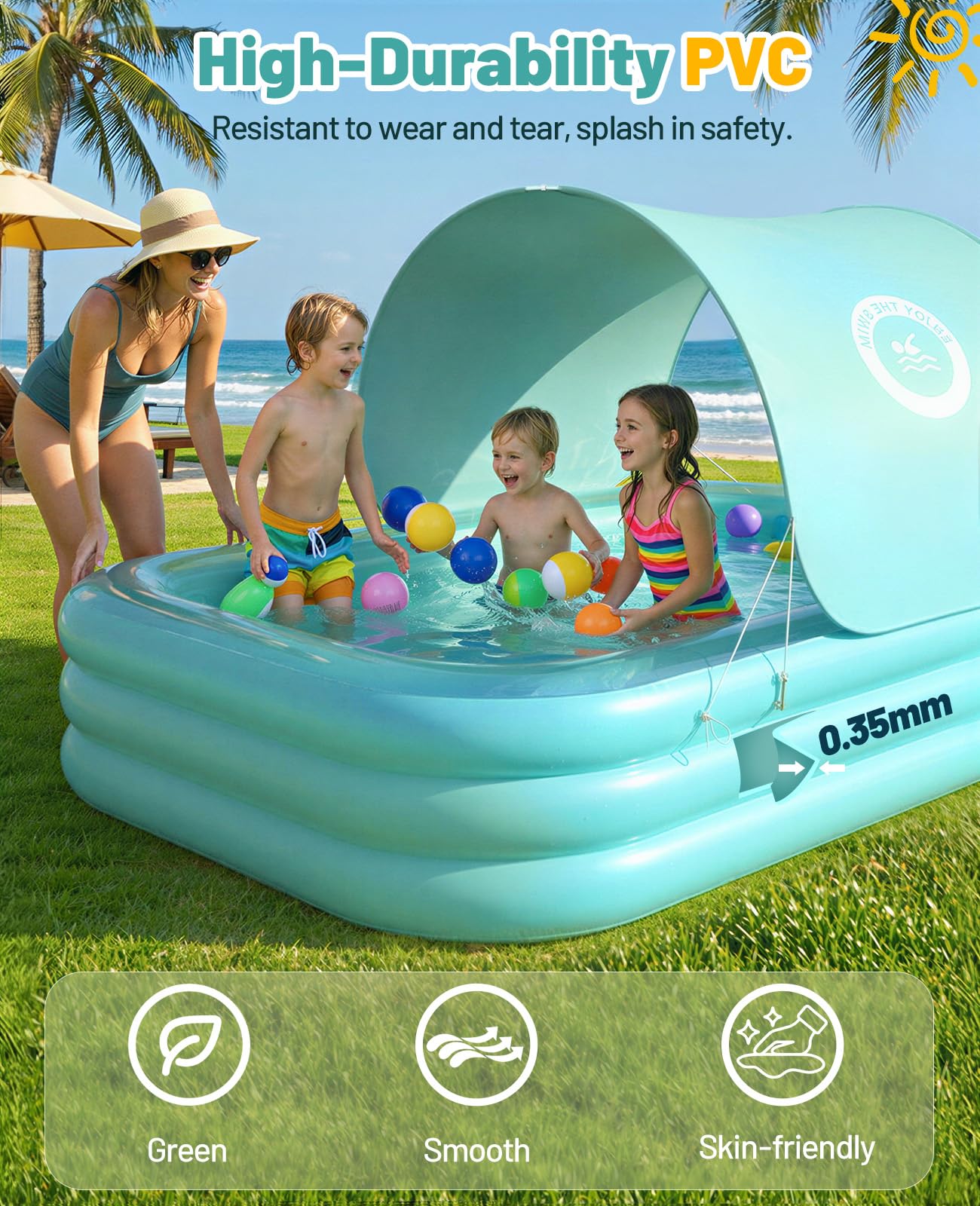 HeySplash Inflatable Pool with Canopy, Large Inflatable Swimming Pool for Adults & Kids, Blow Up Pool Thickened Family Pool for Outdoor Backyard Garden Party Summer Fun, 102" x 65" x 22"(Green)