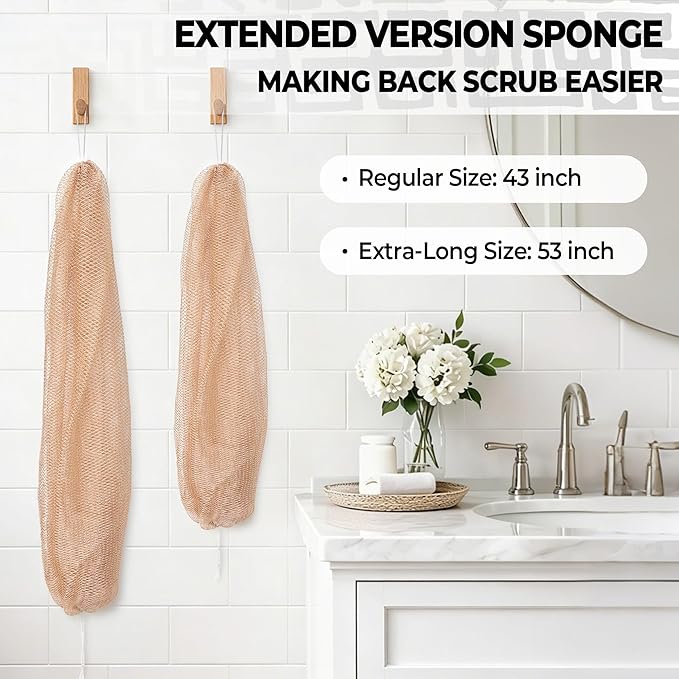 African Net Sponge Authentic - 2 Pieces 52IN Stretched Length Exfoliating Body Scrubber Bath Sponge - Loofah Washcloth Back Scrub for Shower Body Exfoliator