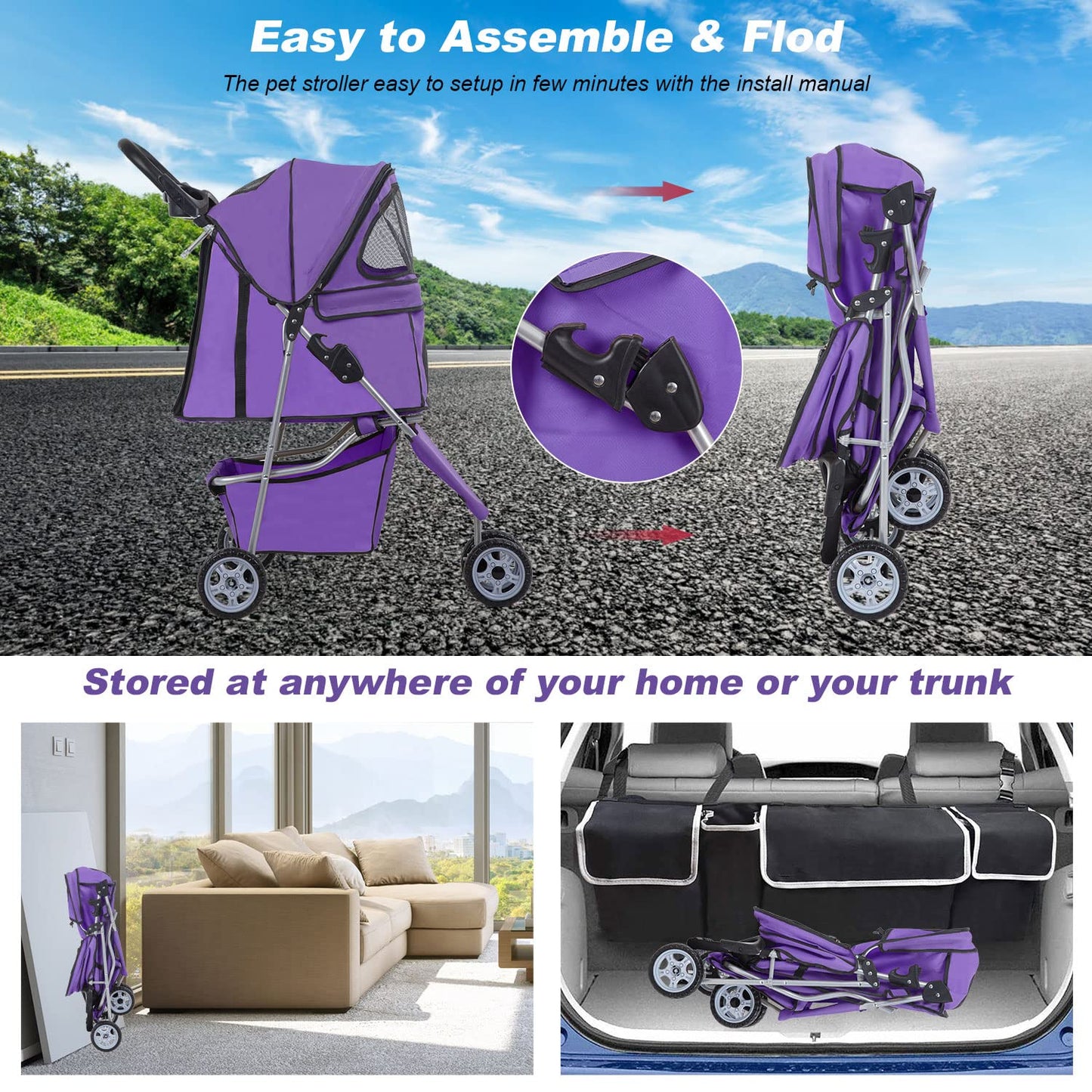 BestPet 3 Wheels Pet Stroller Dog Cat Cage Jogger Stroller Waterproof Puppy Travel Folding Carrier with Cup Holder,Purple