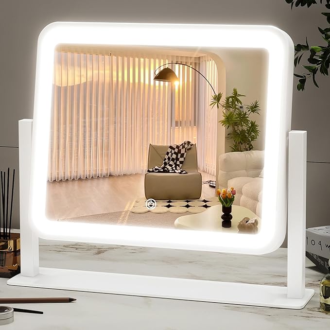 ROLOVE 14"x12"Vanity Mirror, Lighted Makeup Mirror for Vanity Desk, Smart Touch Control, 360° Rotation, 3-Color Modes, Gifts for Women, Bedroom, White