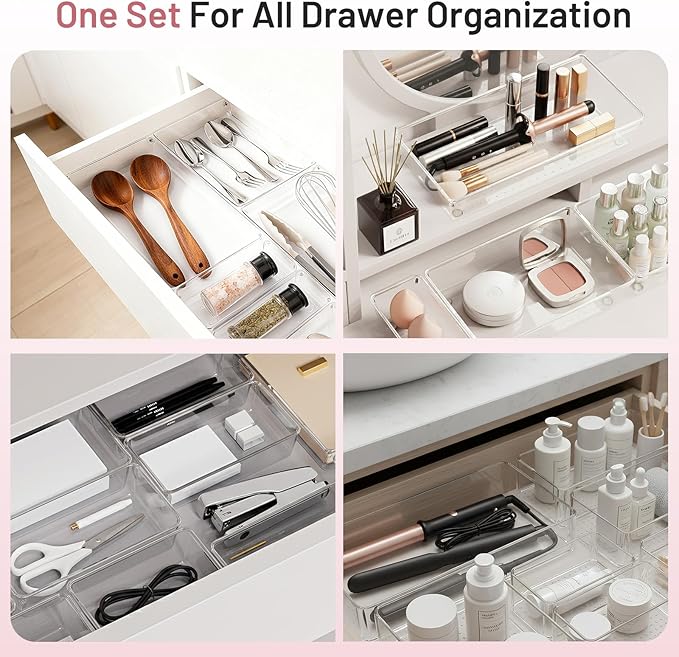 10 Pack Large Drawer Organizer Bins - Clear Plastic Bathroom Drawer Organizer Trays - Heavy Duty Kitchen Drawer Dividers for Utensils - Non-Slip Storage Bins for Makeup, Bedroom, Office Desk
