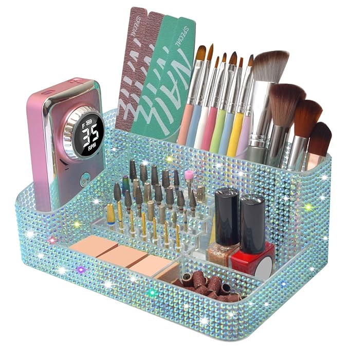 CGBE Nail Drill Holder, 28 Holes Drill Bit Holder for Nails, Professional Nail Tool Organizer, Nail Desk Organizer for Nail Tech, Nail Salon DIY Use - Diamond Blue (Not Including Nail Drill Set)