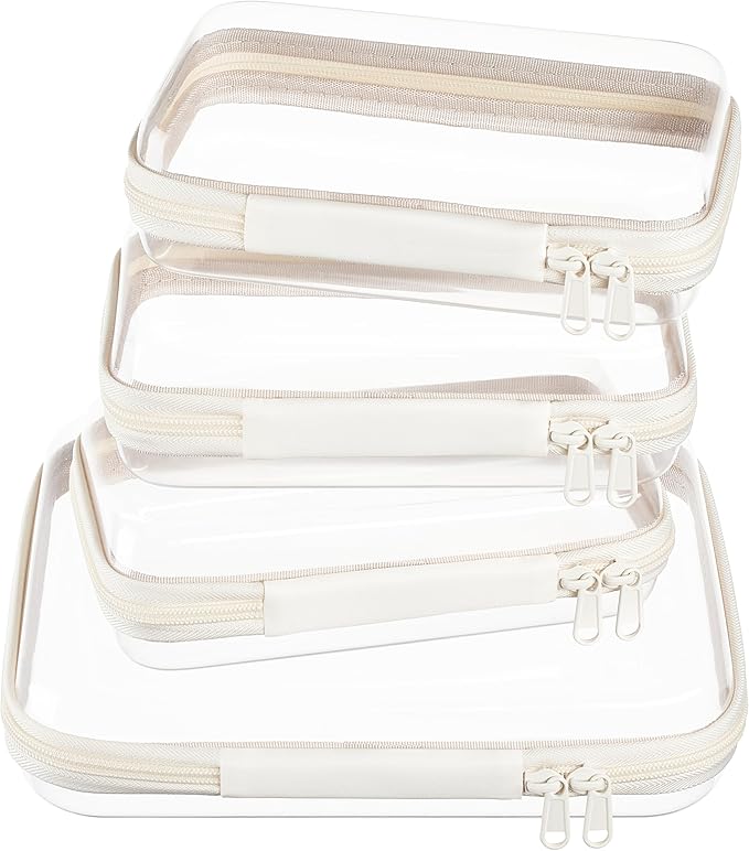 4 pcs Clear Zipper Pouches,Hard Shell Zipper Case, Toiletry Bag for Travel, CLear Diaper Bag, Toiletry Pouch, Travel Organizer, Cosmetic Bag,Toy Storage Bins (M+3S)(Ivory)