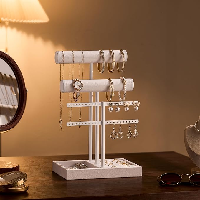 3 Tier Bracelet Holder Display - Detachable T Bar Pure White Velvet Bracelet Holder, Jewelry Holder Organizer for Bracelet, Necklace, Earrings, Rings