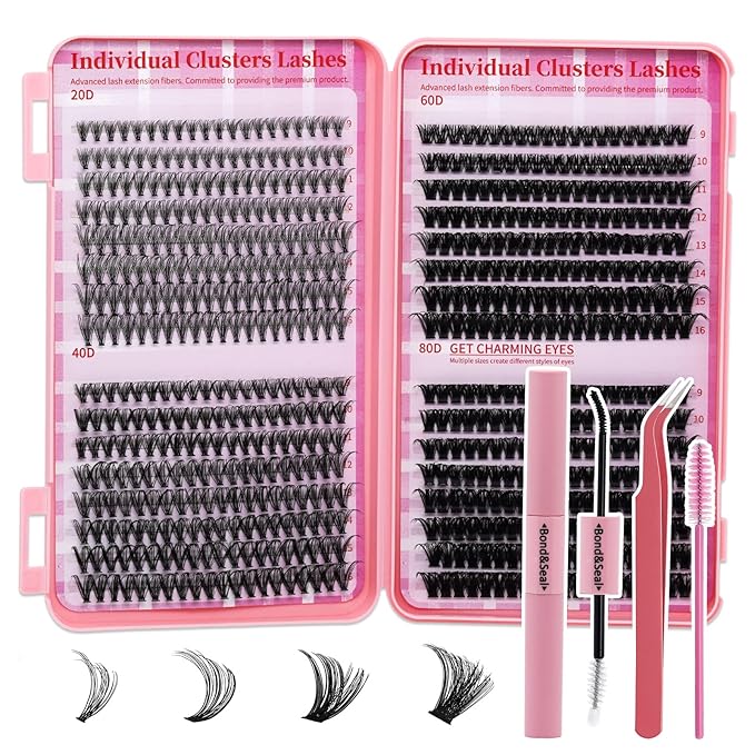 Lash Clusters Kit DIY Lash Extension Kit Cluster Lashes Mix 9-16mm Eyelash Extension Kit Individual Lashes with Lash Bond and Seal,Lash Tweezers,Mascara Brush(20D+40D+60D+80D Kit)