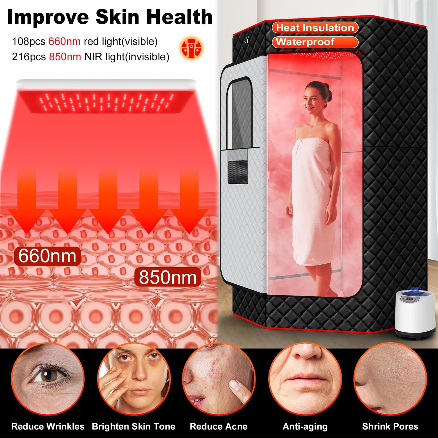 I-THERA-U XL Infrared Sauna Box with True 660 & 850nm Red Light Therapy Lamp, Portable Red Light Sauna for Home, Full Body Steam Tent with 3L 1200w Steamer, 15 Levels Heat, Chair, Remote