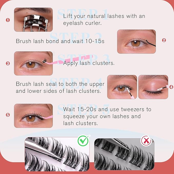 Lash Clusters Natural Look 8-10-12MM Short Cluster Eyelash Extensions for Clean Girl Makeup Wispy Eyelash Clusters C-curly Individual Lashes Thin Lash Band by Newcally