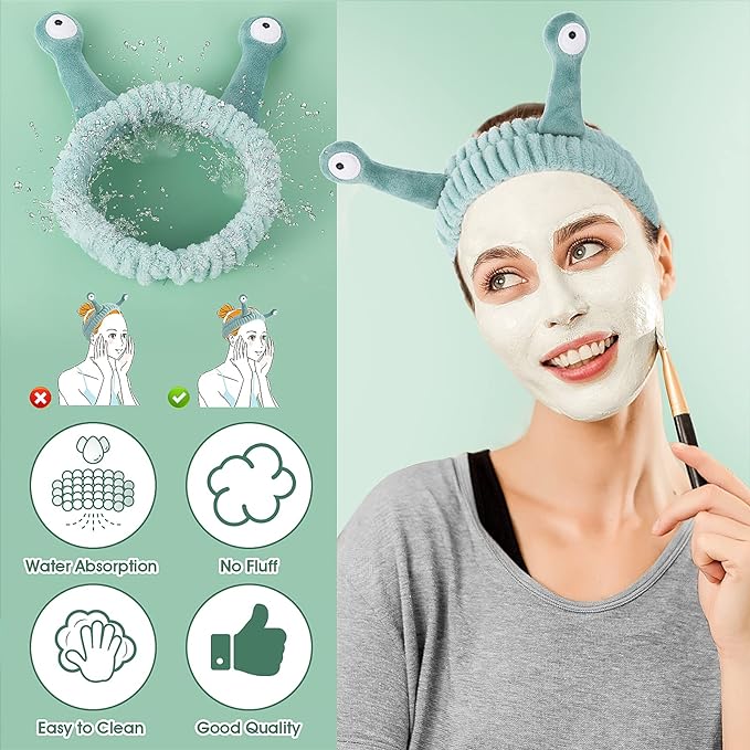 Face Wash Headband, Palm and Snail Spa Hair Bands Makeup Headbands Women Cartoon Cute Coral Fleece Elastic Headband Creative Hair Accessories for Washing Face Shower Sports (Green)