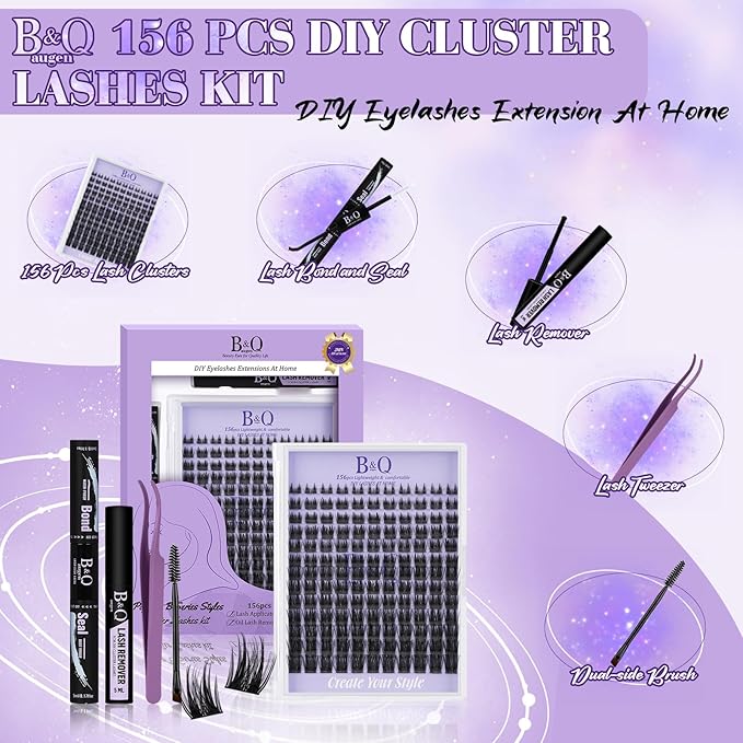 B&Q Wispy Lash Clusters Kit B52, DIY Lash Extension Kit 156PCS Eyelash Extension Kit, Soft Natural Lash Clusters 8-18MIX D Curl Lash cluster, Thin Black Band Cluster Eyelash Extensions (B52 Set)