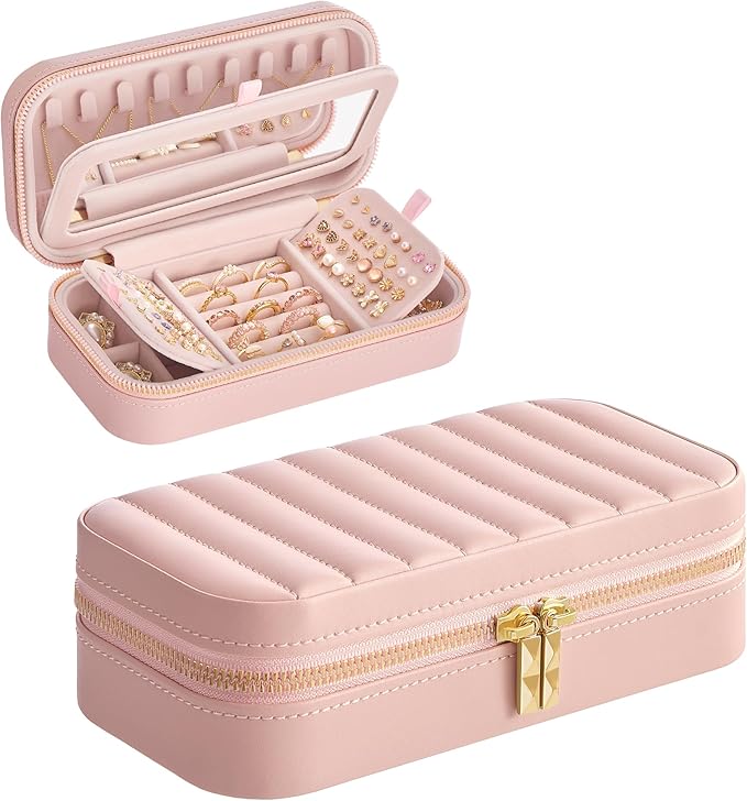 SONGMICS HOME Travel Jewelry Case, Travel Jewelry Box Organizer with Mirror, 4.1 x 8 x 2.4 Inches, Stitching, Portable, Gift Idea, Jelly Pink UJBC180S01