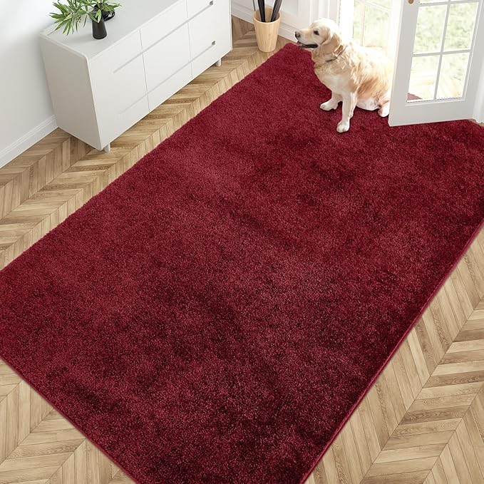 PURRUGS Easy Care Area Rug 4.5ft x 7ft, Non-Slip Washable Entryway Rug, Dog Door Mat, Stain Resistant Accent Rug for Hallway, Living Room, Bedroom and Mudroom, Burgundy Red