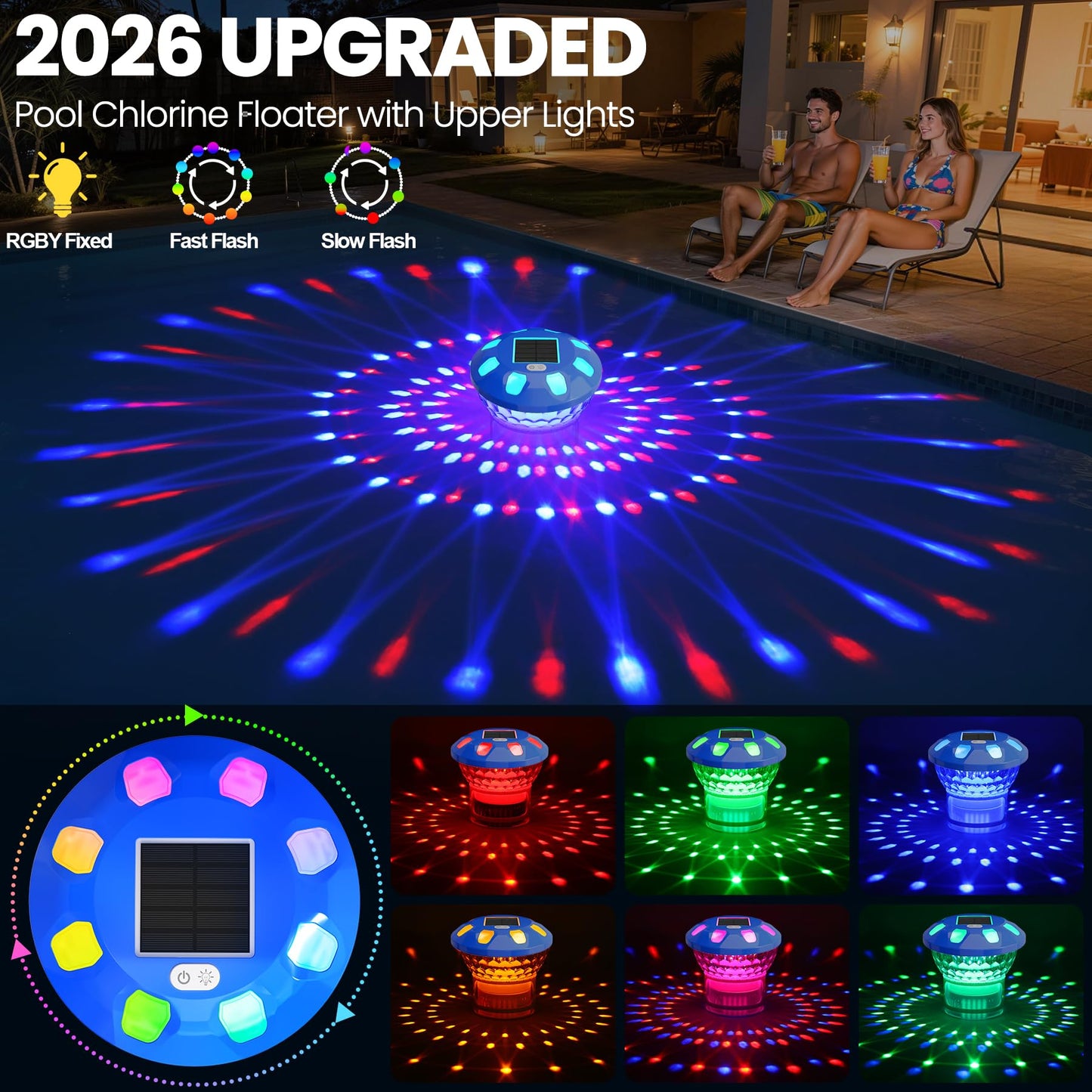 KingSom 2026 Upgraded Pool Chlorine Floater,Solar Chlorine Floater w/Lights,Button Control Chlorine Floater,Large Capacity Floating Chlorine Dispenser,Chlorine Floater w/Adjustable Release-Blue