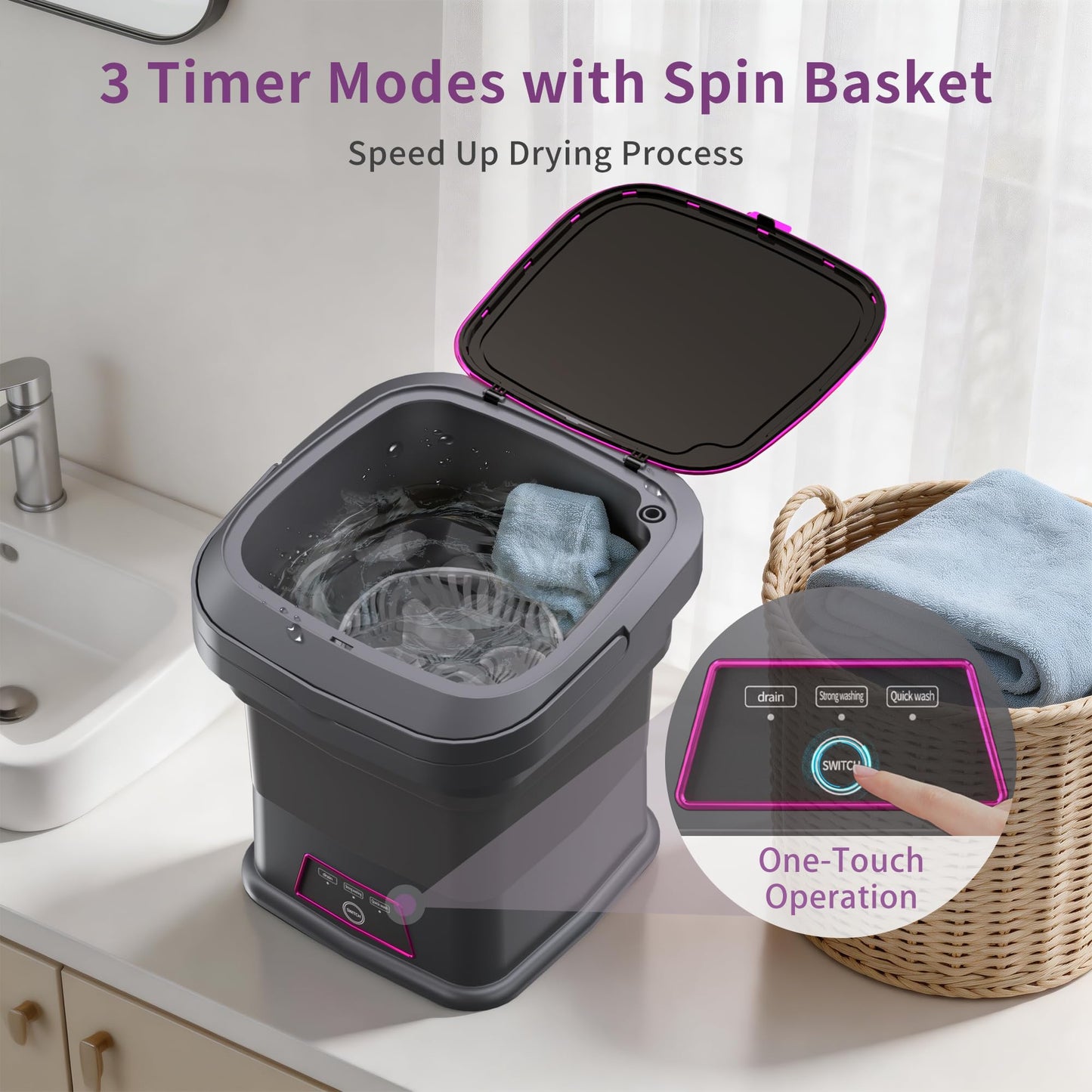 Ugupy 13L Portable Washing Machine, Foldable Mini Washing Machine with Spin Basket & 3 Cleaning Modes, Small Laundry Machine for Underwear, Baby Clothes, Socks, Compact Design for Travel Apartment RV