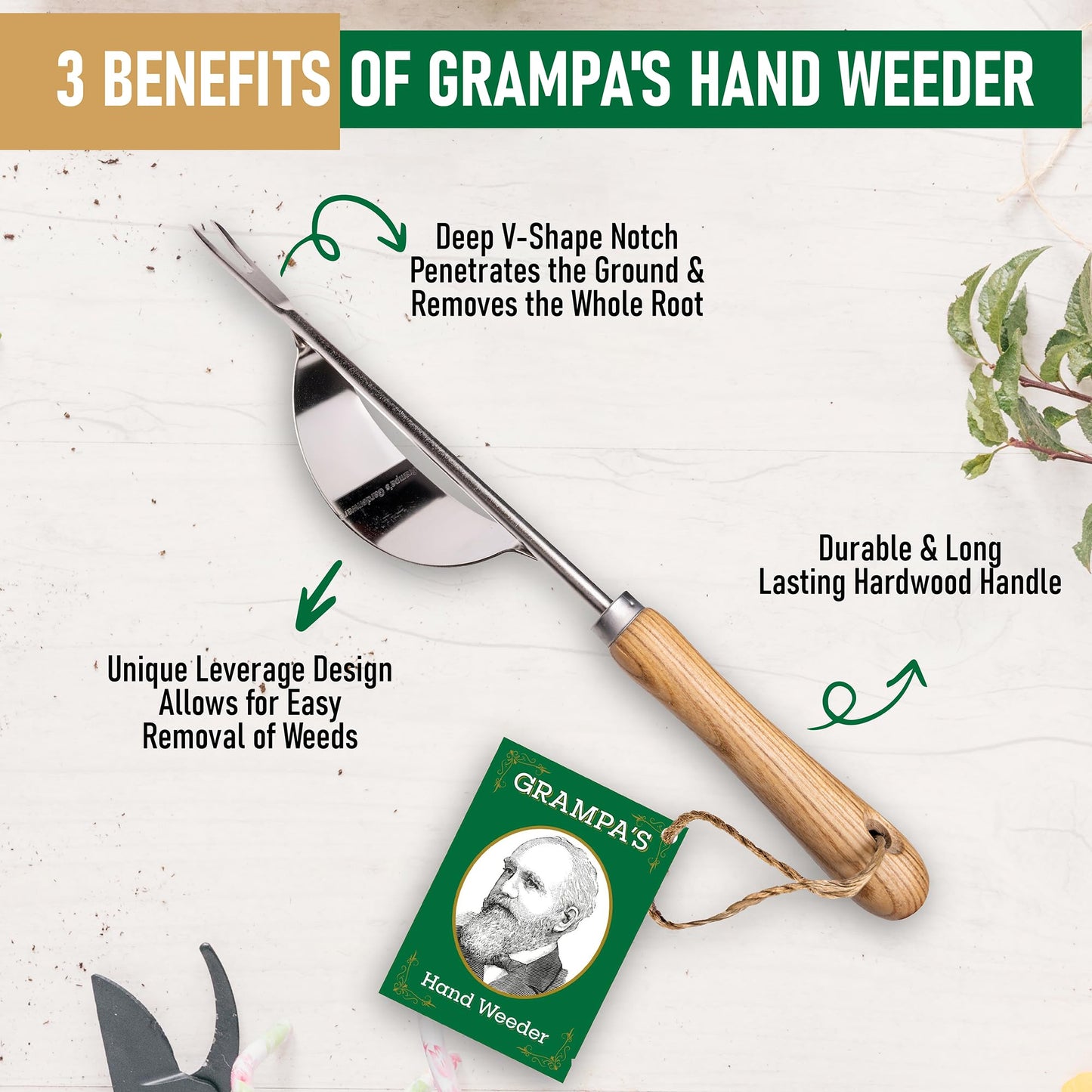 Grampa's Hand Weeder Tool - The Perfect Lightweight Easy to Use Weed Puller Tool for Garden - Durable Unique Lever Design with V-Shaped Forks Allows for Easy Removal of Weeds & Their Roots