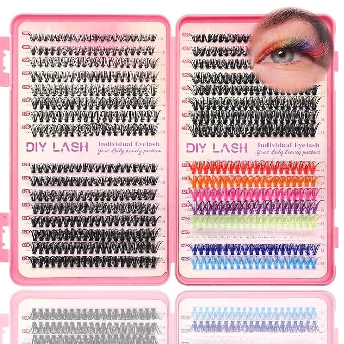 Lash Clusters Kit, 560 Pcs Eyelashes Clusters Kit 9-16mm Individual Lash Extension Kit D Curl Fluffy Wispy False Eyelashes (30D+40D+50D+40D Colored, Lash Clusters)