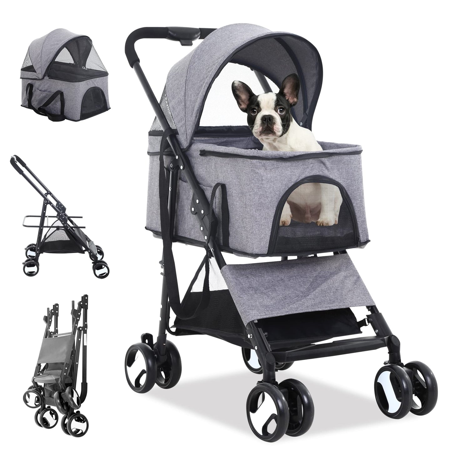 BLKMTY Dog Stroller 3-in-1 Folding Pet Strollers Cat 4 Wheels w/Storage Basket Dog Carrier Trolley One-Button Switch Travel Stroller with Safety Belt Detachable Carrier, Grey