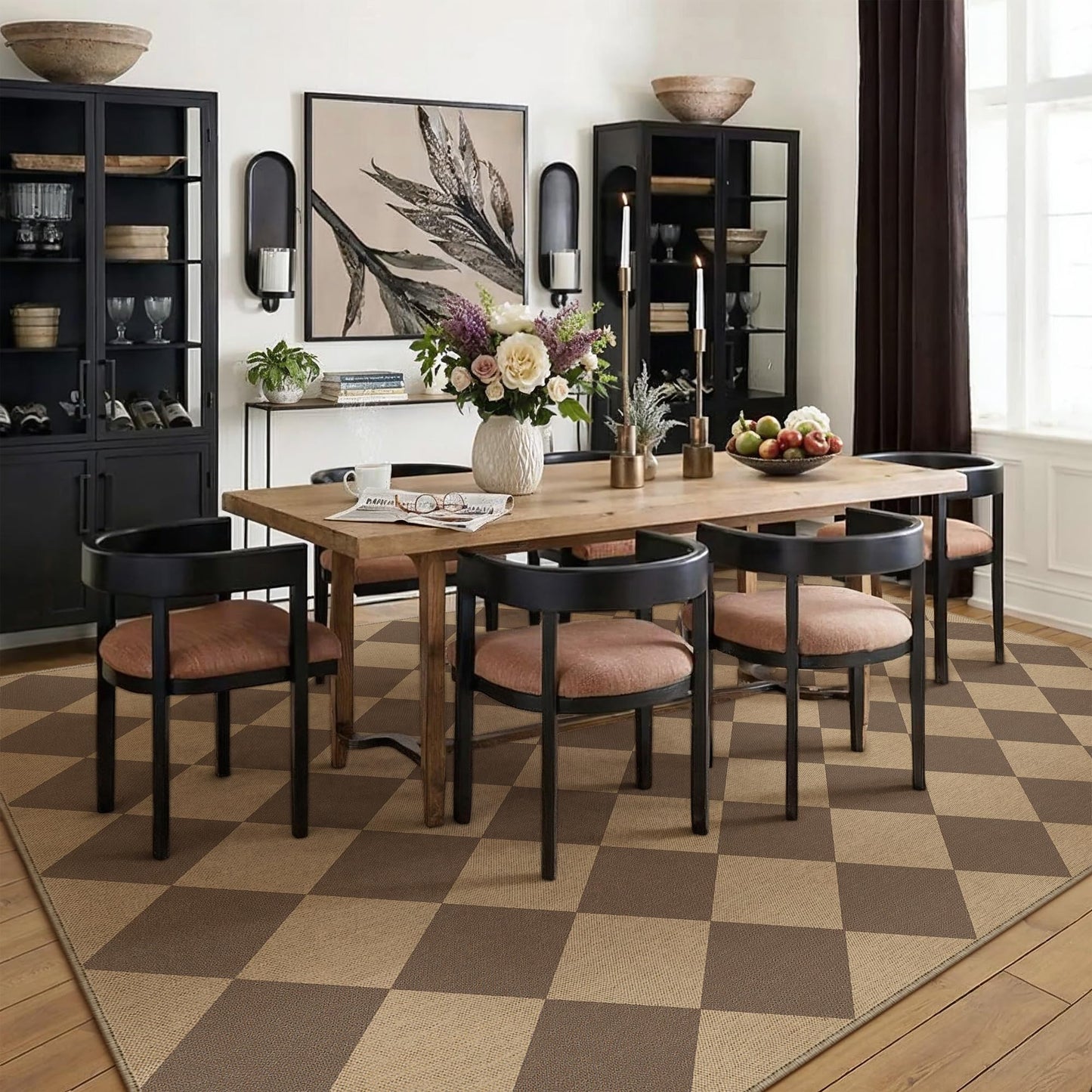 PureCozy 5x7 Checkered Easy Jute Area Rug for Living Room Checkerboard Washable Indoor Outdoor Carpet Farmhouse Patio Office Mat Geometric Non Slip Brown Carpet for Backyard Dining Room