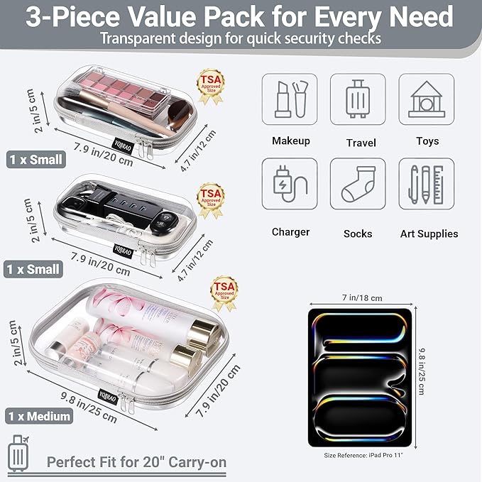 YQBRAO 3-Pack Clear Hard Shell Zipper Case - Grey Edition, 1.2mm Heavy-Duty Crush-Proof Travel Makeup Bag, TSA Approved Clear Zipper Pouches, Rigid Diaper Bag Organizer for Tech & Daily Essentials