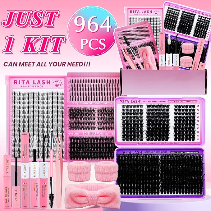 Lash Clusters Kit Eyelash Clusters Kit Cat Eye Lashes Large Pack Cluster Eyelash Extensions Lash Extension Kit PestaÃÂ±as Postizas Naturales with Lash Bond&Seal,Remover,Tweezers,Cleanser(Lash Kit-5)