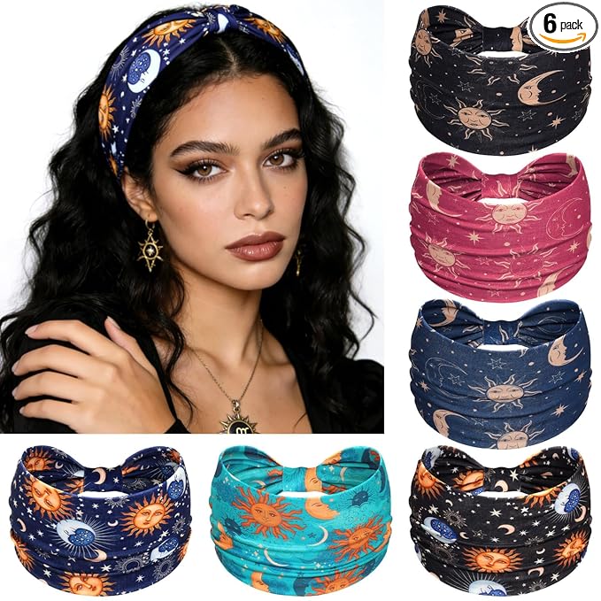 Awumbuk Wide Headbands for Women Knotted No Slip Head Bands Soft Turban Headband Hair Accessories Boho African Solid Color Head Wraps for Women Yoga Workout Pack of 6(Boho)