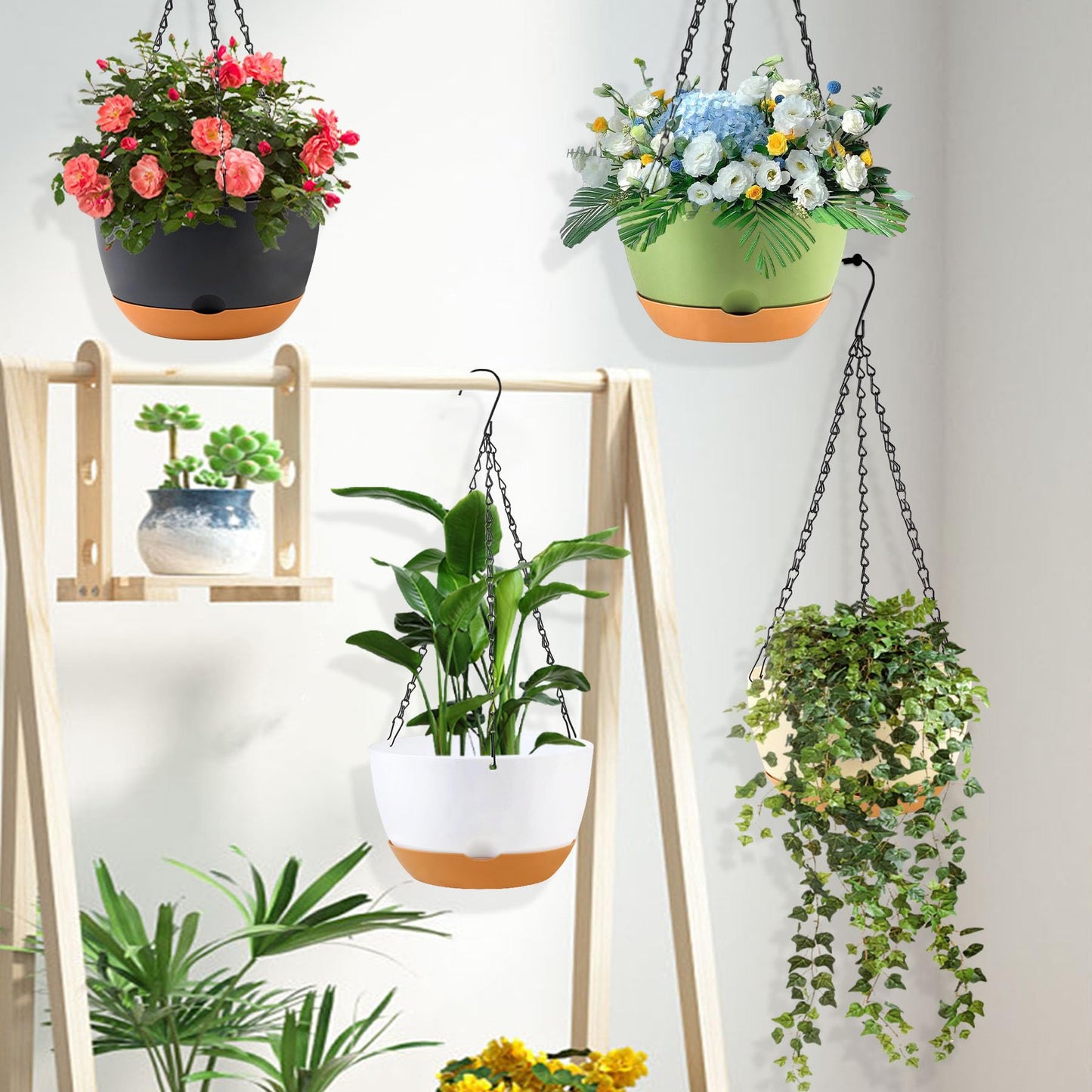 KPUVX 8/10/12 inch Hanging Planters for Indoor Outdoor Plants with Self-Watering Pots, 3 Pack Plastic Hanging Basket with Removable Tray for Home Garden Porch Balcony Patio Decor(White)