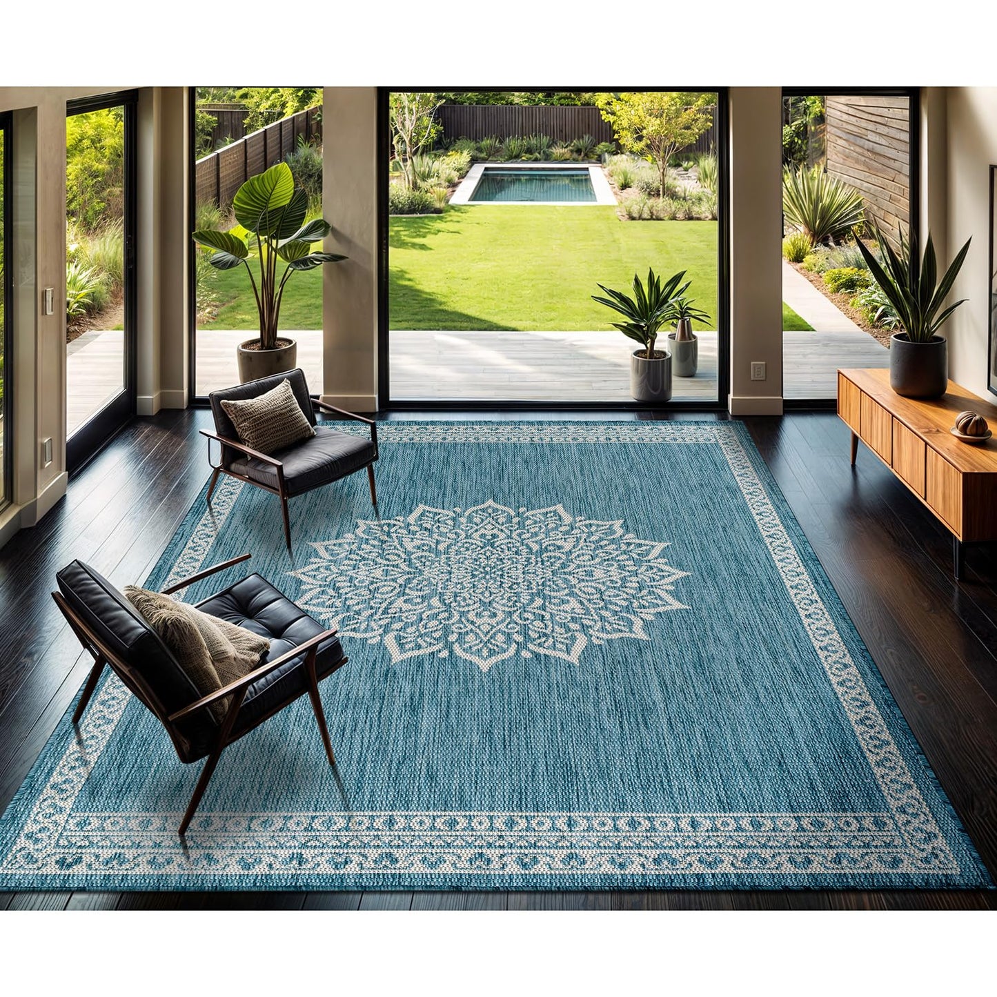 CAMILSON Outdoor Rug 9x12 Medallion Aqua Modern Large Area Rugs for Indoor and Outdoor Patios Kitchen and Hallway Mats Washable Porch Deck Outside Carpet (Medallion Aqua 9 x 12)