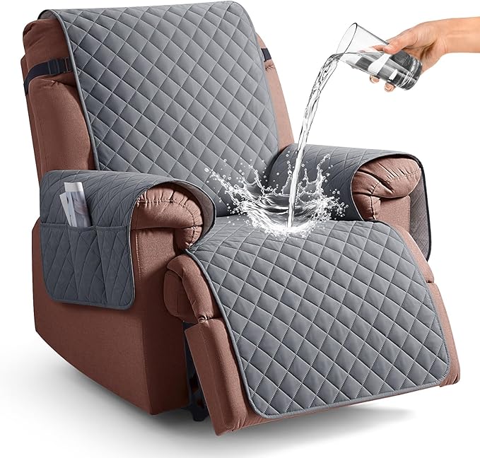 KinCam 100% Waterproof Recliner Chair Cover, Reclining Couch Covers for Pets, Dogs, Recliner Couch Slipcover Furniture Protector with Elastic Straps for Kids(30", Dark Gray)