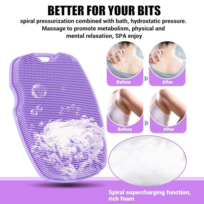 Canroom Silicone Body Scrubber - Anti Zinc Infused-Highly Elastic Bristles Exfoliating Body Scrubber for Shower Body,Cellulite Reduction,Blood Circulation - Purple