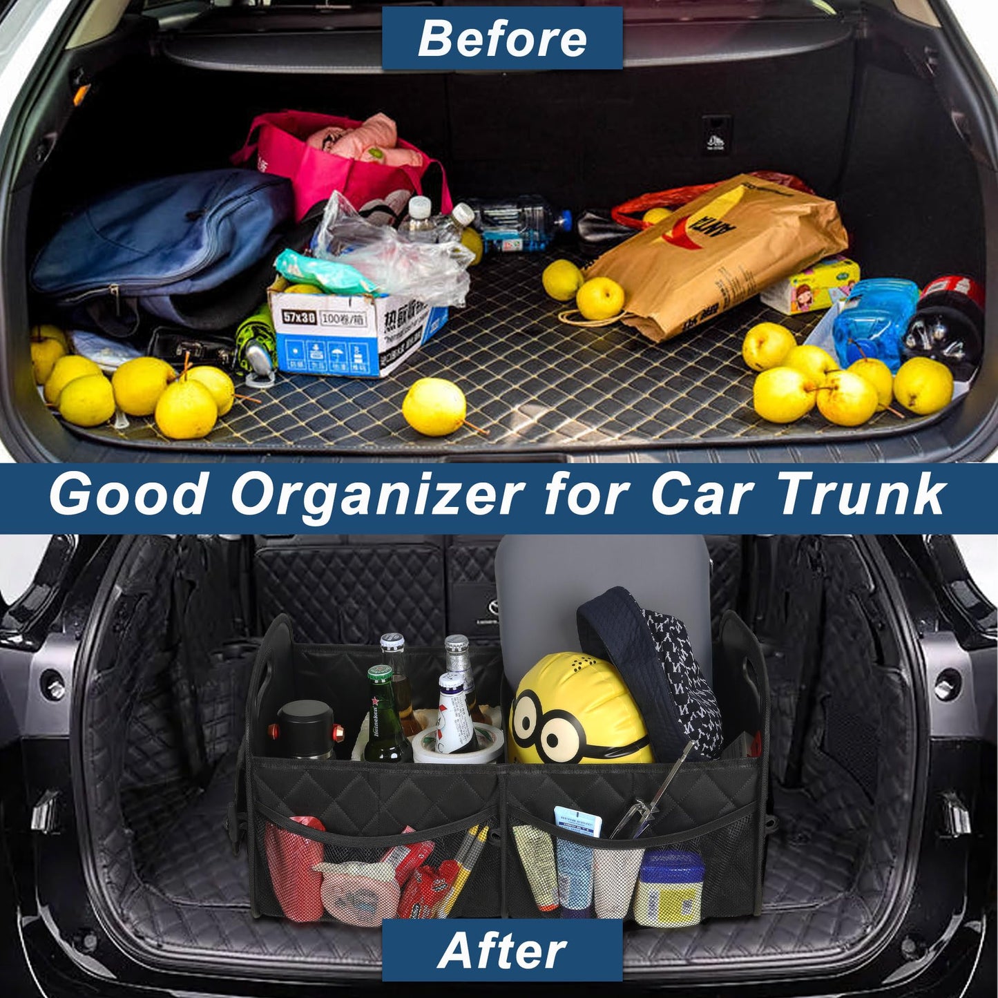 Deosk Car Trunk Organizer and Storage with 6 Big Pockets, Waterproof Polyester Trunk Organizer for SUV, Minivan, Truck (Large, Black)