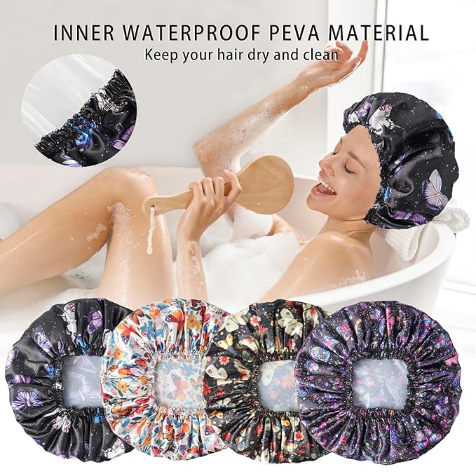 Shower Cap for Women,4 PCS Elastic and Reusable Bath Caps, Double Layers Shower Caps Reusable Waterproof, Bathing Shower Caps, Environmental Bath Hair Protection Cap - Butterfly B