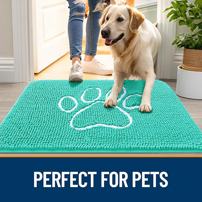 OLANLY Dog Door Mat for Muddy Paws 59x35, Paw Print Design, Absorbs Moisture and Dirt, Absorbent Non-Slip Washable Doormat, Quick Dry Chenille Mud Mat for Dogs, Entry Indoor Entryway Carpet, Teal