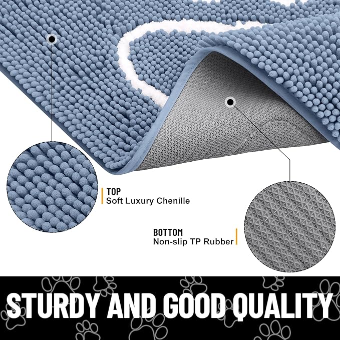 Smiry Dog Door Mat for Muddy Paws, Absorbent Dirt Trapper Non Slip Quick Dry Washable Chenille Mat for Mud Dogs, Entry Rug for Indoor and Outdoor (59x35 Inches, Airy Blue and White)
