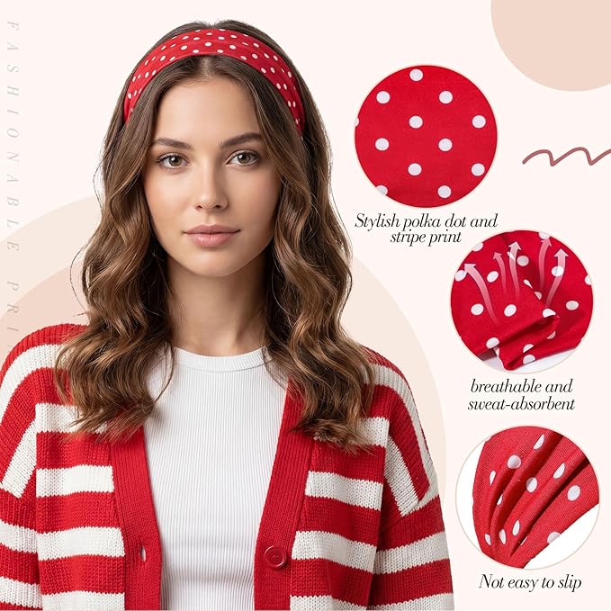 obeoby 8 Pack Polka Dot Headband for Retro Y2K Style, Trendy Stripe Hairbands for Festival Outfits Girls Non Slip Head Bands for Women's Hair