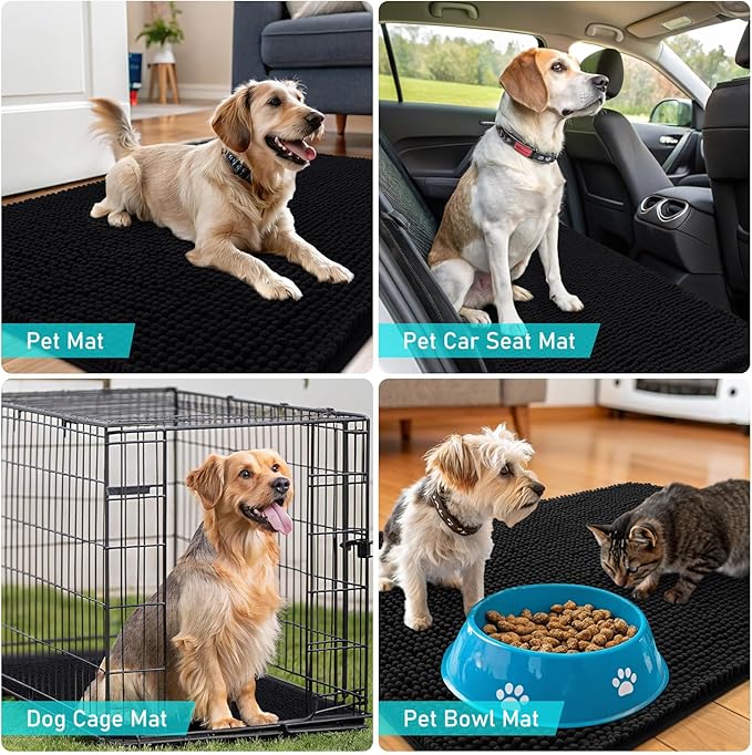OLANLY Dog Door Mat for Muddy Paws 34x21, Absorbs Moisture and Dirt, Absorbent Non-Slip Washable Doormat, Quick Dry Chenille Mud Mat for Dogs, Entry Indoor Entryway Carpet for Inside Floor, Black