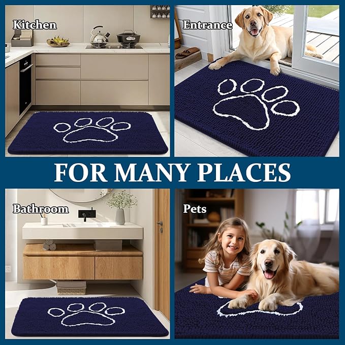 OLANLY Dog Door Mat for Muddy Paws 47x24, Paw Print Design, Absorbs Moisture and Dirt, Absorbent Non-Slip Washable Doormat, Quick Dry Chenille Mud Mat for Dogs, Entry Indoor Entryway Carpet, Navy Blue