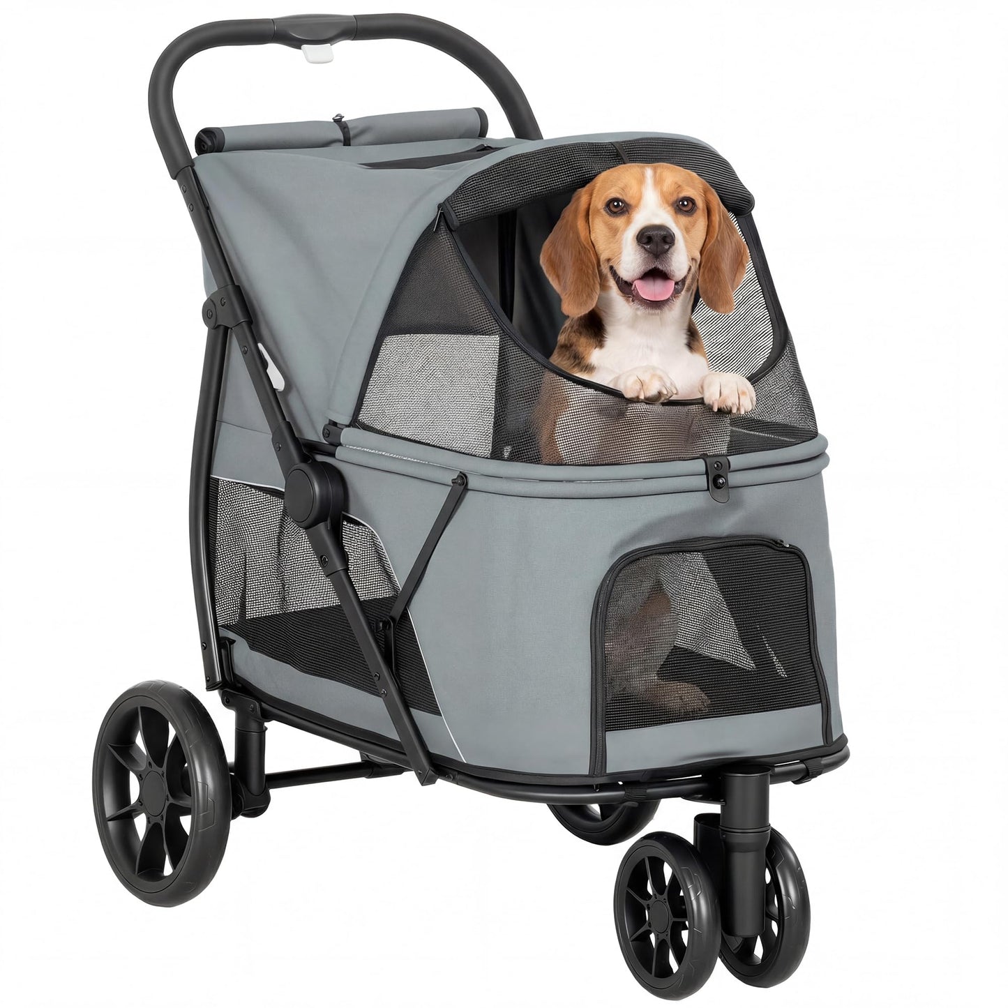 PawHut 3 Wheel Pet Stroller, Dog Stroller Dual Entry, Easy One-Click Quick Fold, All-Terrain Wagon Cart with Air Mesh, Washable Cushion, for Small and Medium Dogs and Cats Up to 44 lbs, Gray