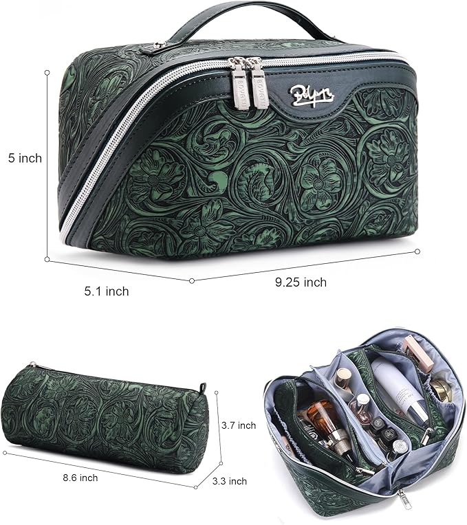 BOYATU Travel Makeup Bags Cosmetic Organizer Bag: 3 Pcs Set Large Capacity Floral Make up Bag with Compartments - Waterproof Leather Toiletry Bags with Handle for Women (18-Green)