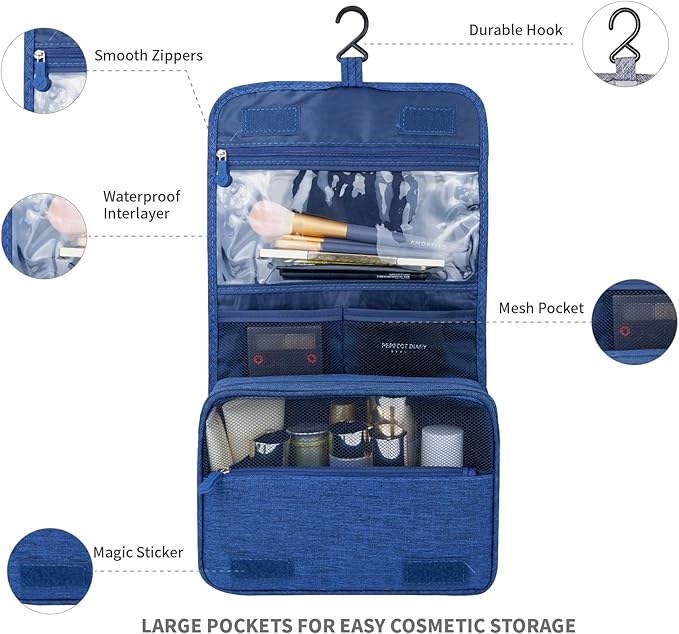 Large Capacity Toiletry Bag Travel Bag with Hanging Hook for Men and Women Waterproof Travel Cosmetic Bag Bathroom Storage Bag for Brushes Set, Full-Sized Shampoo, Toiletries, (Navy Blue)