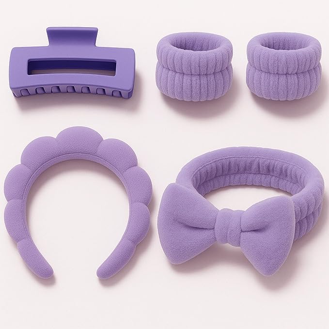 5-Piece Spa Gift Set Ã¢ÂÂ Purple Facial Headbands, Wristbands & Hair Clip, One-Size Skincare Accessories for Makeup, Face Washing & Self-Care
