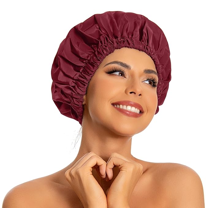 Reusable Shower Cap for Women, Large Waterproof Shower Bonnet with Elastic Band, Washable Bath Hair Cap for Long, Curly Hair, Braids, Daily Shower, Home Spa, Travel(Burgundy)